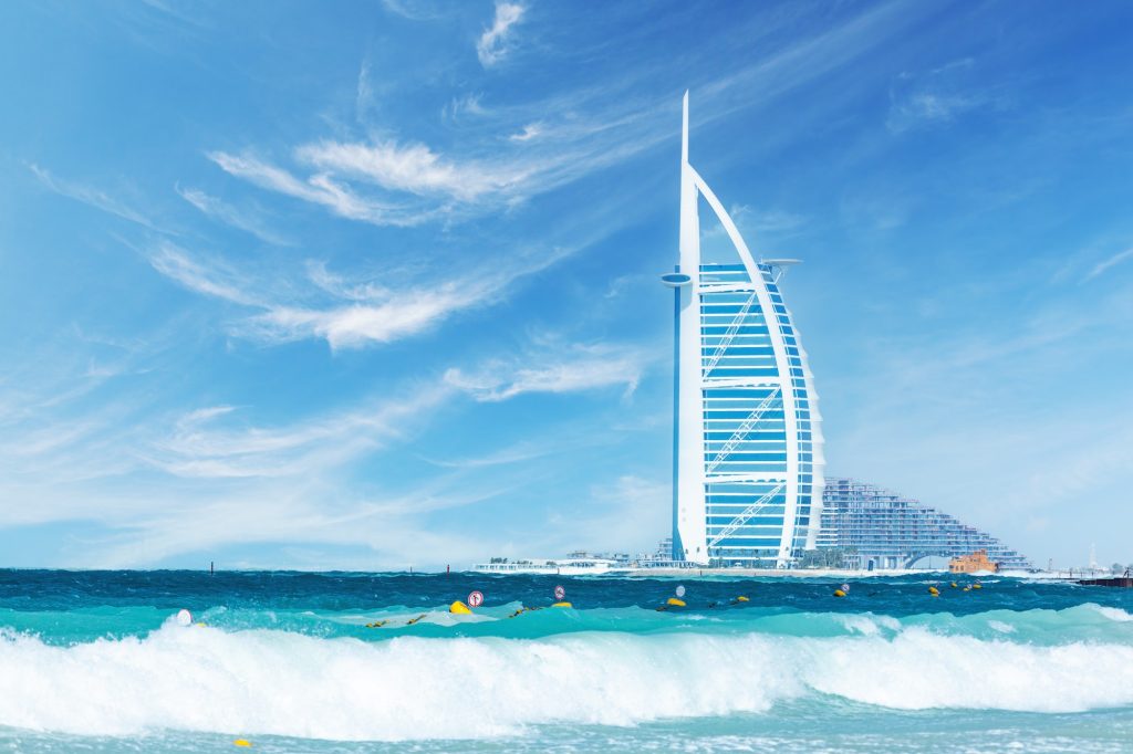 Burj Al Arab hotel in Dubai UAE view from the sea and beach