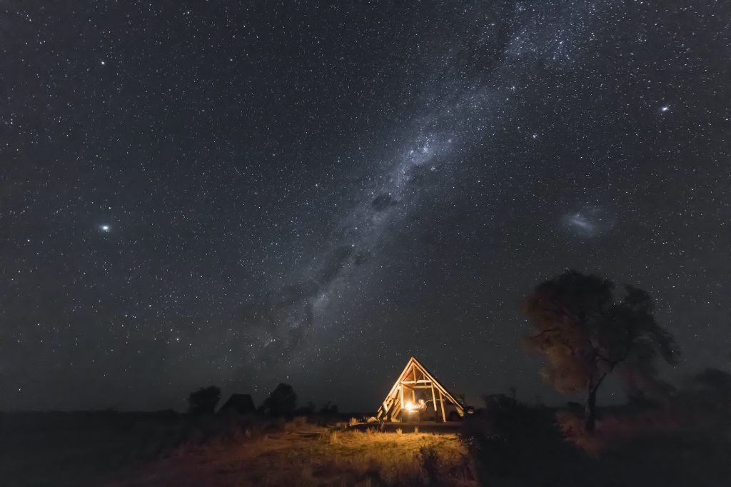 Botswana, Kgalagadi Transfrontier Park, Kalahari, Two Rivers Camp at night, milky way